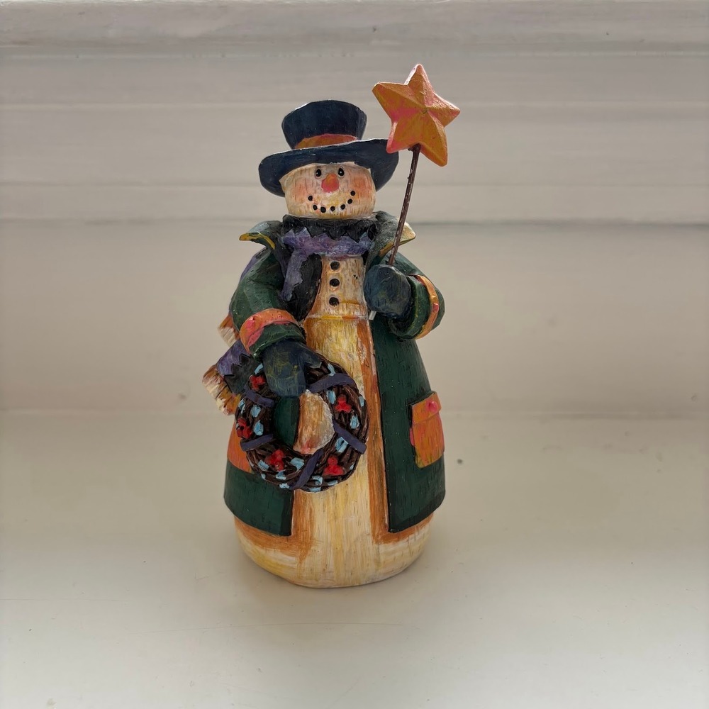 Vintage Rustic Snowman Figurine Green Coat Top Hat Wreath Star Folk Art Decor